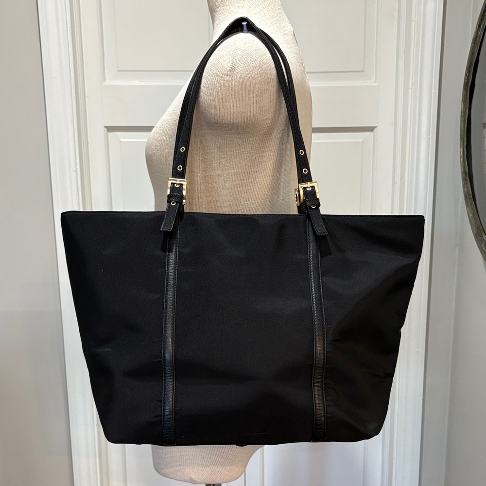 Talbots black cloth tote purse with gold hard wear.